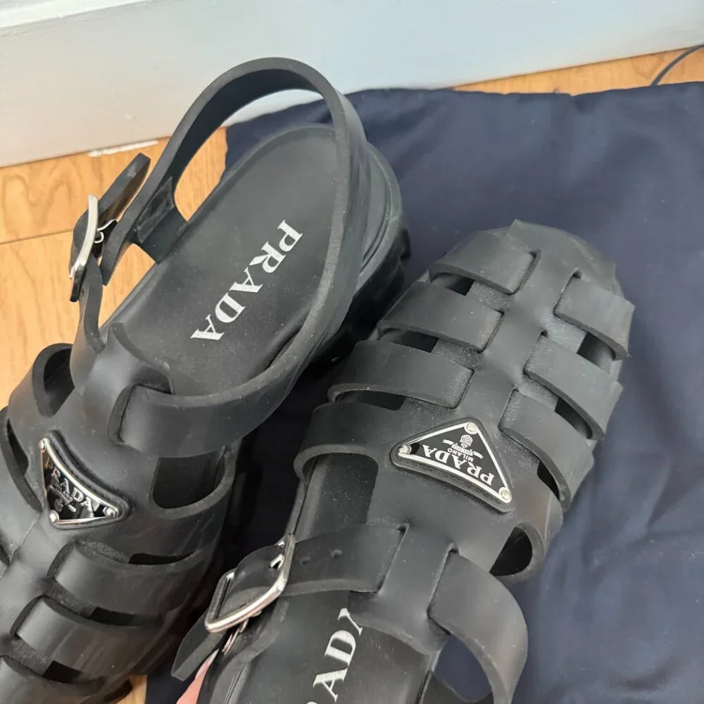 Prada Monolith Platform Sandals Black Strappy Cage Vamp Foam Rubber Sz 38 - Picture 11 of 11